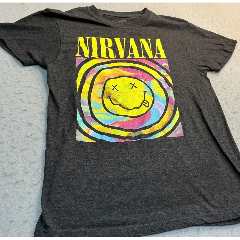Nirvana T Shirt Graphic Psychedelic Smiley Face Logo Charcoal Grey Size M